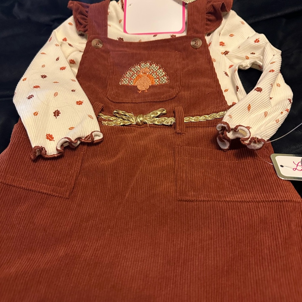 NWT Brown Corduroy Overall Thanksgiving Dress with White Floral Top - Bin 14